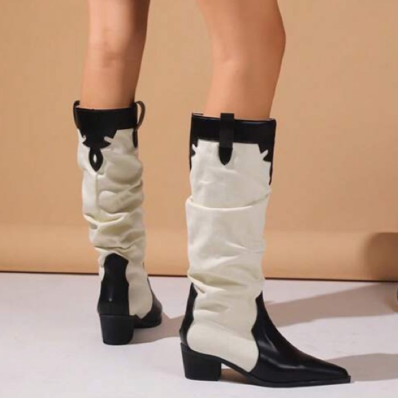 🛑AT COST SLOUCHY canvas vegan leather Western Black cream cowboy Boots CLEARANCE - Picture 2 of 6